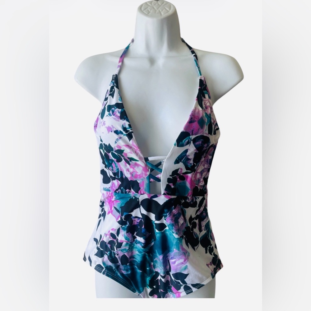 ModCloth White Floral Halter One-Piece with Pink & Teal Accents